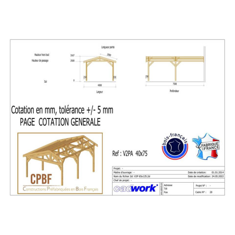 Abri deux pentes adosse, 400cmx750cm, bois douglas francais, carport, auvent, abri voiture, cpbf-v2pa400x750