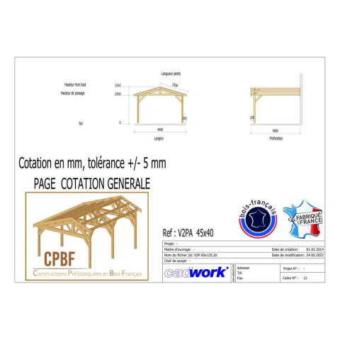 Abri deux pentes adosse, 450cmx400cm, bois douglas francais, carport, auvent, abri voiture, cpbf-v2pa450x400