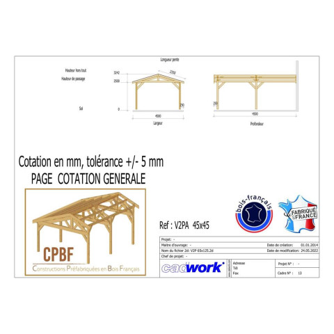 Abri deux pentes adosse, 450cmx450cm, bois douglas francais, carport, auvent, abri voiture, cpbf-v2pa450x450