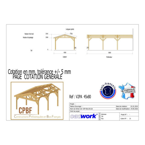 Abri deux pentes adosse, 450cmx800cm, bois douglas francais, carport, auvent, abri voiture, cpbf-v2pa450x800