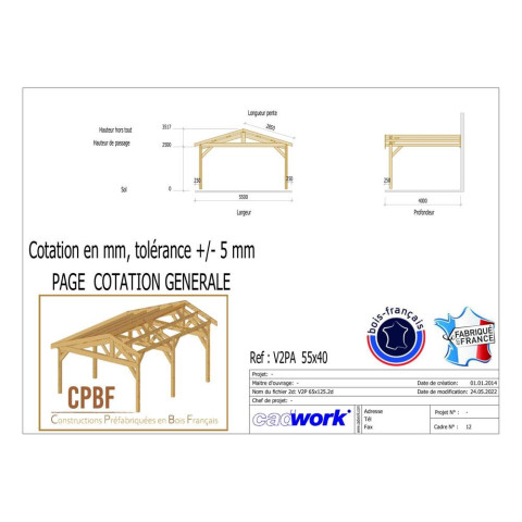 Abri deux pentes adosse, 550cmx400cm, bois douglas francais, carport, auvent, abri voiture, cpbf-v2pa550x400