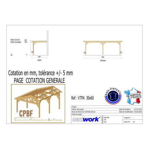 Abri toit plat adosse, 300cmx600cm, bois douglas francais, carport, auvent, abri voiture, cpbf-vtpa300x600