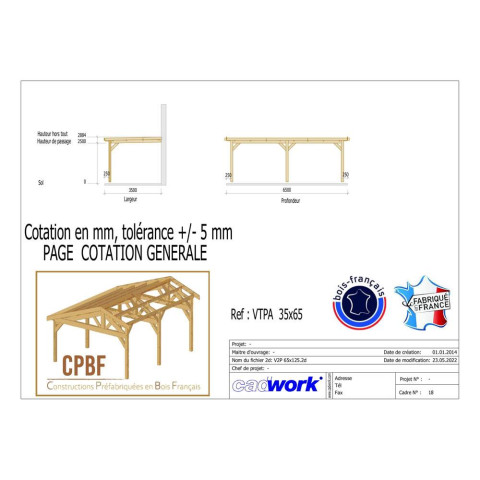 Abri toit plat adosse, 350cmx650cm, bois douglas francais, carport, auvent, abri voiture, cpbf-vtpa350x650