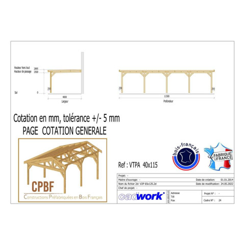 Abri toit plat adosse, 400cmx1150cm, bois douglas francais, carport, auvent, abri voiture, cpbf-vtpa400x1150