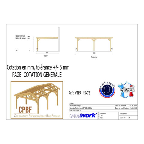 Abri toit plat adosse, 450cmx750cm, bois douglas francais, carport, auvent, abri voiture, cpbf-vtpa450x750