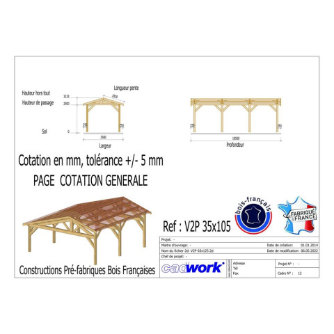 Abri deux pentes, 350cmx1050cm, bois douglas francais, carport, auvent, abri voiture, cpbf-v2p350x1050