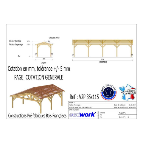 Abri deux pentes, 350cmx1150cm, bois douglas francais, carport, auvent, abri voiture, cpbf-v2p350x1150