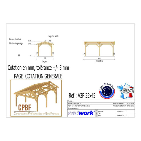 Abri deux pentes, 350cmx450cm, bois douglas francais, carport, auvent, abri voiture, cpbf-v2p350x450