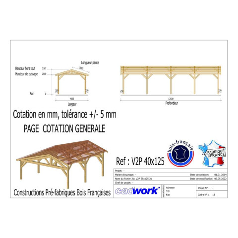 Abri deux pentes, 400cmx1250cm, bois douglas francais, carport, auvent, abri voiture, cpbf-v2p400x1250