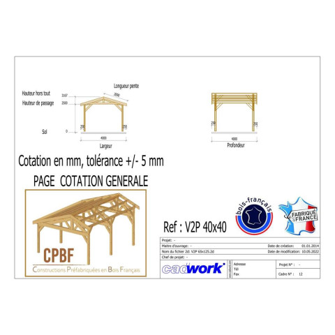 Abri deux pentes, 400cmx400cm, bois douglas francais, carport, auvent, abri voiture, cpbf-v2p400x400