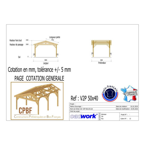 Abri deux pentes, 500cmx400cm, bois douglas francais, carport, auvent, abri voiture, cpbf-v2p500x400