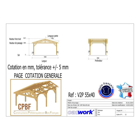 Abri deux pentes, 550cmx400cm, bois douglas francais, carport, auvent, abri voiture, cpbf-v2p550x400