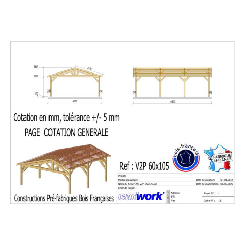 Abri deux pentes, 600cmx1050cm, bois douglas francais, carport, auvent, abri voiture, cpbf-v2p600x1050