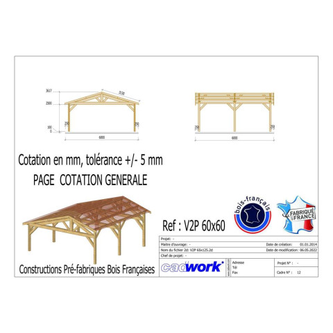 Abri deux pentes, 600cmx600cm, bois douglas francais, carport, auvent, abri voiture, cpbf-v2p600x600