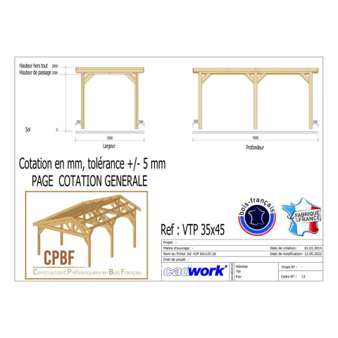 Abri toit plat, 350cmx450cm, bois douglas francais, carport, auvent, abri voiture, cpbf-vtp350x450