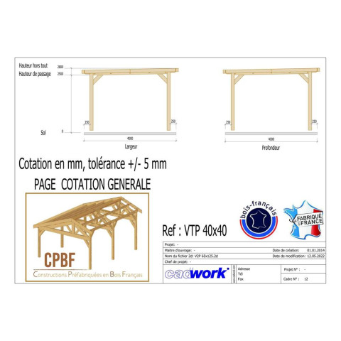 Abri toit plat, 400cmx400cm, bois douglas francais, carport, auvent, abri voiture, cpbf-vtp400x400