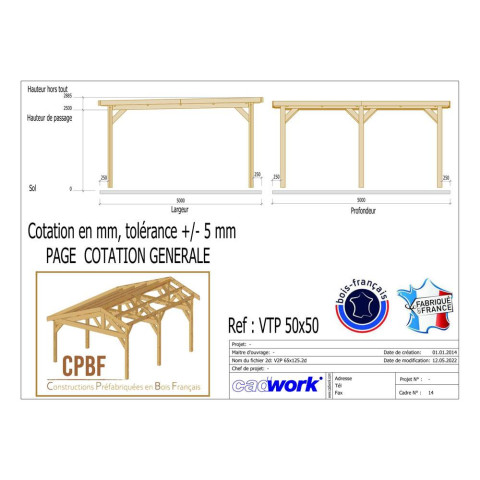 Abri toit plat, 500cmx500cm, bois douglas francais, carport, auvent, abri voiture, cpbf-vtp500x500