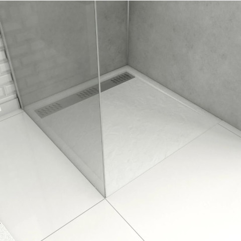 Receveur en acrylique blanc effet pierre 80x80x4 cm - Grille linéaire chrome - MOON Aurlane - FAC608