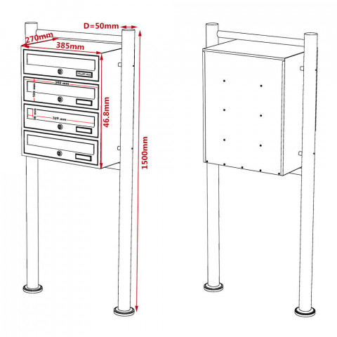Bloc 4 boites aux lettres sur pieds 4 entrées acier galvanisé noire