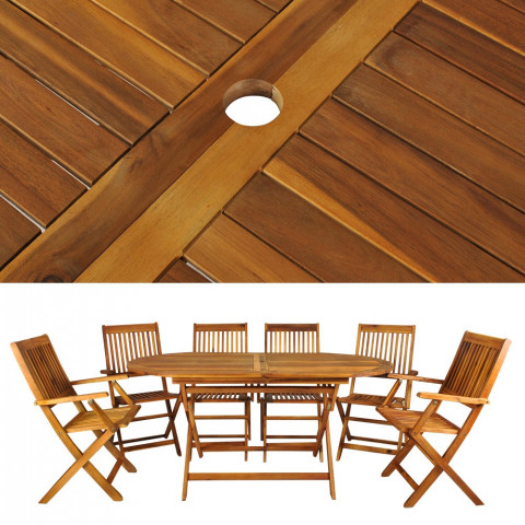 Salon de jardin en bois naturel huilé 1 table + 6 chaises