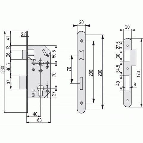 Serrure de sûreté à larder nf têtière inox, axe à 50 clé i