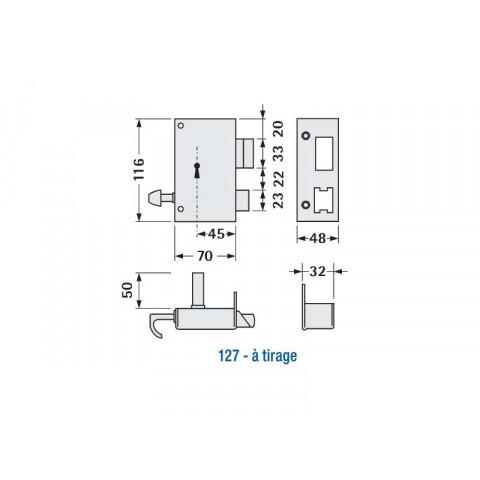 Serrure droite en applique 1 point extra-plate bec de cane JPM SAS 456000-01-1Y