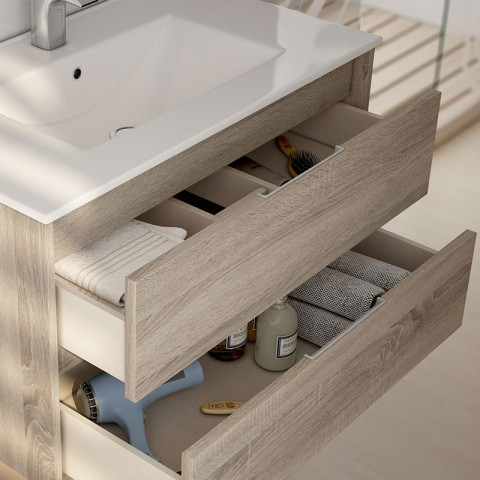 Meuble de salle de bain 100cm simple vasque - 3 tiroirs - sans miroir -  tiris 3c - hibernian (bois blanchi)